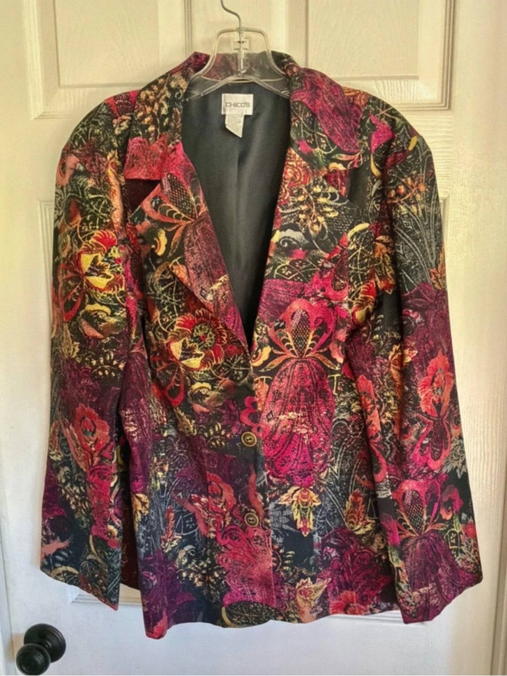 Chico's Floral Statement Blazer in Pink, Gold & Green on Black